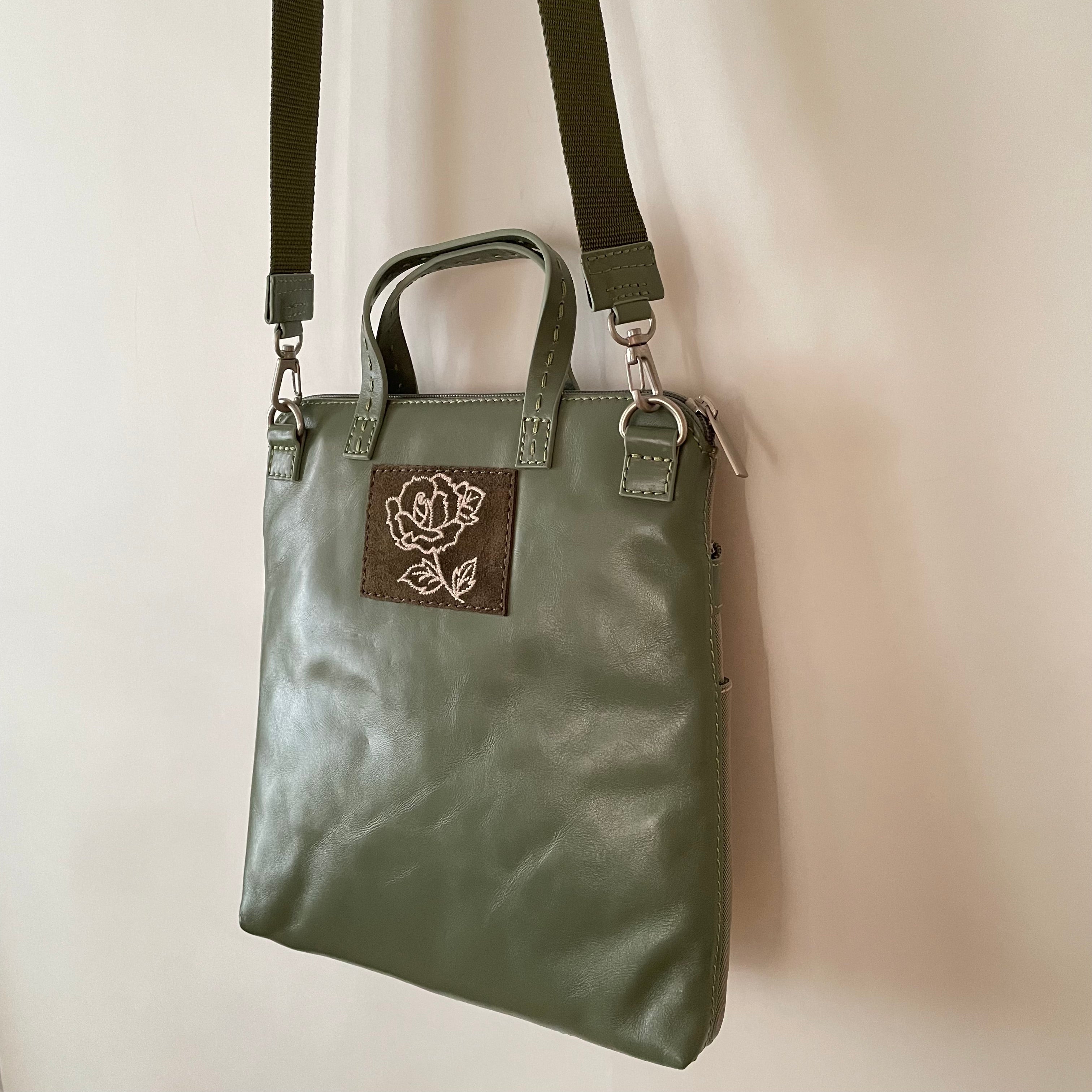 Premium Collection | Small Nylon x Leather Mix Cross-Body Shoulder Bag with Metal Zipper Pulls and Rose Embroidery | Sage